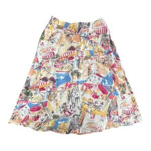 Liz Claiborne Skirt Womens Petite 2P Multicolor Linen A-Line Lined City Print